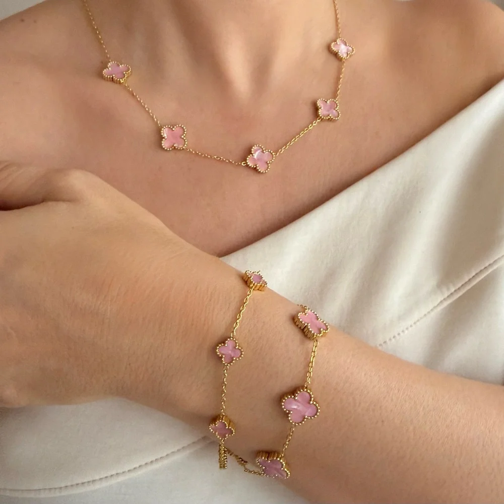 Petite Pink Mother of Pearl Gold Clover Bracelet | Stainless Steel Double Sided